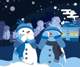 Winter Hintergrund Niedlich Stilisierte Schneemann Icons Cartoon Design
