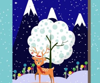 Winter Background Design Night Scenery And Cute Reindeer