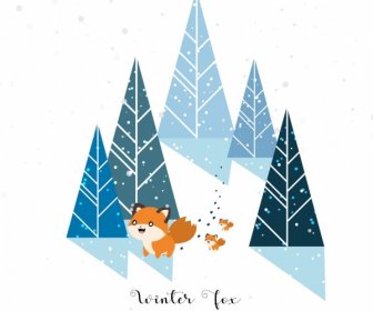冬季背景狐狸雪樹圖標裝潢