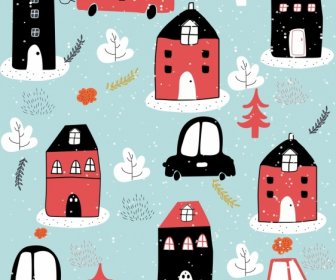 Winter Background House Snow Car Icons Flat Handdrawn