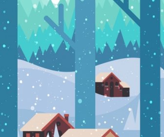 Winter Background Houses Snowfall Moonlight Icons Decor