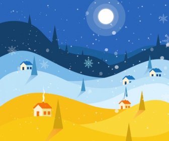 Winter Background Moonlight Snowflakes Town Icons Decor