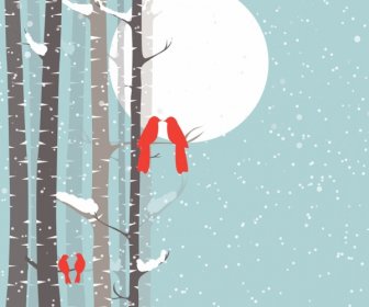 Sfondo Rosso Sagoma Uccelli Svernanti Che Cade Sullo Sfondo Neve