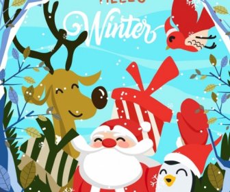 Winter Background Santa Claus Stylized Animals Icons