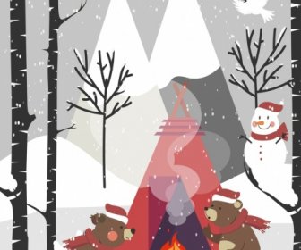 Зимний фон снегопад стилизованные медведи костра значки