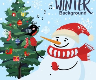 Winter Background Snowman Fir Tree Icons Classical Design