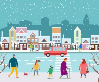 Winter Background Street Pedestrian Snowfall Icons Cartoon Design