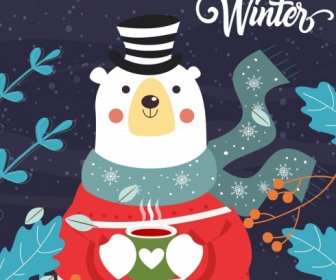 Winter Background Stylized White Bear Icon Classical Design