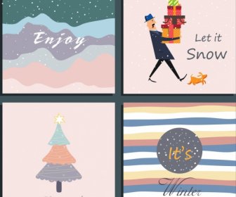 Winter Background Templates Snowfall Gifts Fir Trees Icons