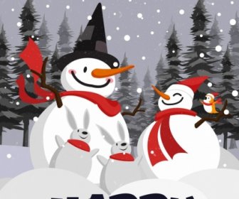 Зимние баннер Снеговик падения снега иконы цветной мультфильм