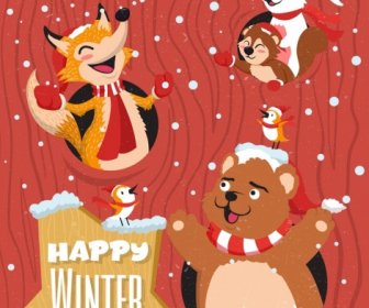 冬バナー様式化された動物雪アイコン カラー漫画