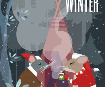 Winter Banner Stylized Mouse Icons Cartoon Design