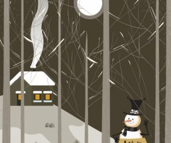 Winter-Banner Schneemann Mondlicht Blattlosen Bäume Ikonen Stilisiert
