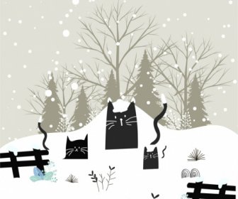 Zima Wzoru Karty Czarny Kot śnieg Ikony