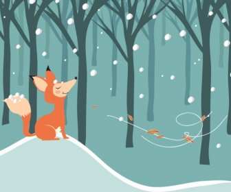Musim Dingin Menggambar Fox Salju Angin Ikon Kartun Desain