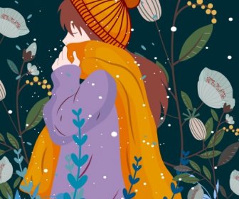 Winter Drawing Girl In Warm Clothes Colored Cartoon
