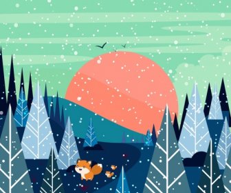 Zima Drzewo Snow Fox Ikony Kolorowe Rysunku Kreskówka