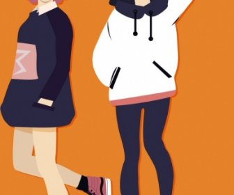 Winter Mode Werbung Junger Mädchen Symbole Farbige Cartoon