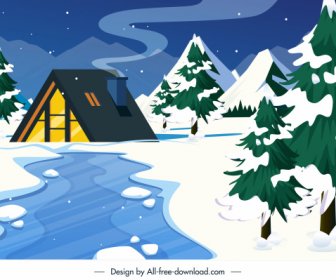 Winter Landscape Background Cottage Snowy Mountain Scene
