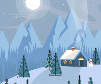 Icônes De Paysage Contexte Neige Montagne Lune Chalet D’hiver