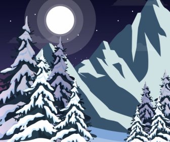 Winter Landscape Background Snowy Mountain Moonlight Sketch