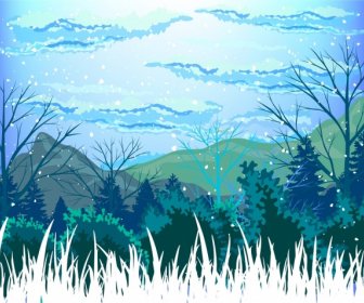 Winter Landscape Drawing Wild Mountain Decoration Colorful Design