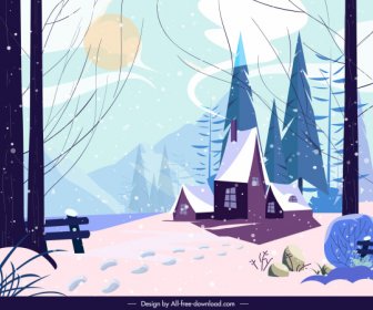 Winter Landscape Painting Colored Classic Decor Cartoon Design