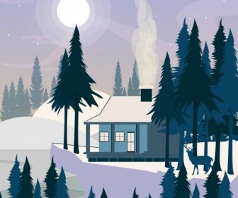 Pittura Al Chiaro Di Luna Cottage Icone Neve Foresta Di Paesaggio Di Inverno
