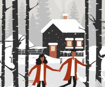 Paysage D’hiver Peinture Neige Icônes Cottage Couple