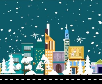 Winter Landscape Theme Snowy Town Decoration Colored Style