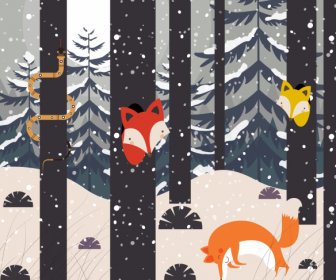 Winter Nature Painting Forest Animals Sketch Cartoon Design