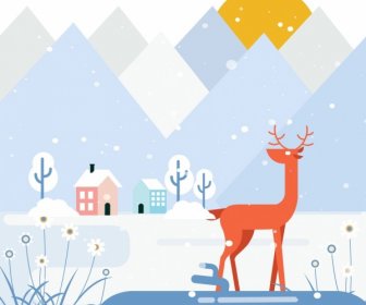 Winter Painting Mountain Snow Reindeer Icons Flat Design