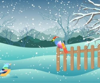 Winter Painting Snowfall Birds Reindeer Icons Cartoon Design