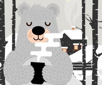 Inverno Pintura Estilizado Urso Queda De Neve ícones Cartoon Design