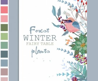 冬季植物背景叶鸟水果图标装饰