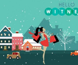 Winter Sale Banner Shopping Lady Icon Town Scape