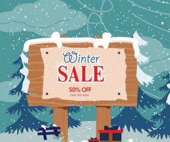 Winter Sale Poster Wooden Signboard Snowfall Icons Decor