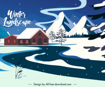 Winter Scene Background Cottage Snowy Mountain Sketch