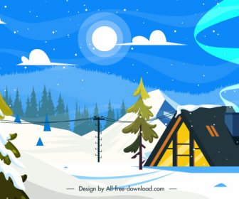 Winter Scene Background Cottage Snowy Sketch