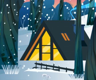 winter scene background forest cottage snowfall sketch
