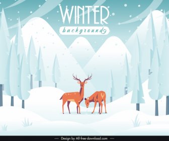 Winter Scene Background Forest Reindeers Sketch