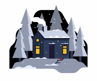 مشهد الشتاء خلفية منزل شجرة الثلج رسم