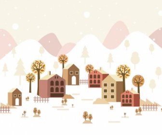 Winter Scene Background Houses Tress White Snow Icons