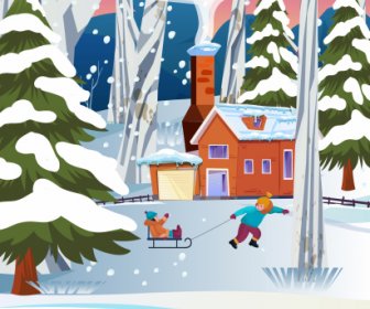 Winterszene Hintergrund Spielplatz Kinder Skizzieren Cartoon Design