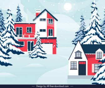 Winterszene Hintergrund Schnee Tannen Häuser Skizze