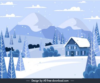 Winter Scene Background Snow Mountain Cottage Trees Sketch