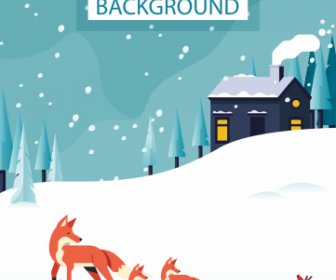 Winter Scene Background Snowfall Foxes Cottage Sketch