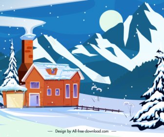 winter scene background snowy cottage mountain sketch