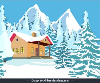 Adegan Musim Dingin Spanduk Template Snow Mountain Cottage Sketsa