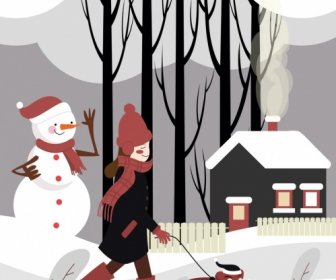 Winter Scene Painting Walking Girl Snow House Icons